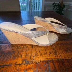 Jessica Simpson Silver and Tan Wedge Sandals